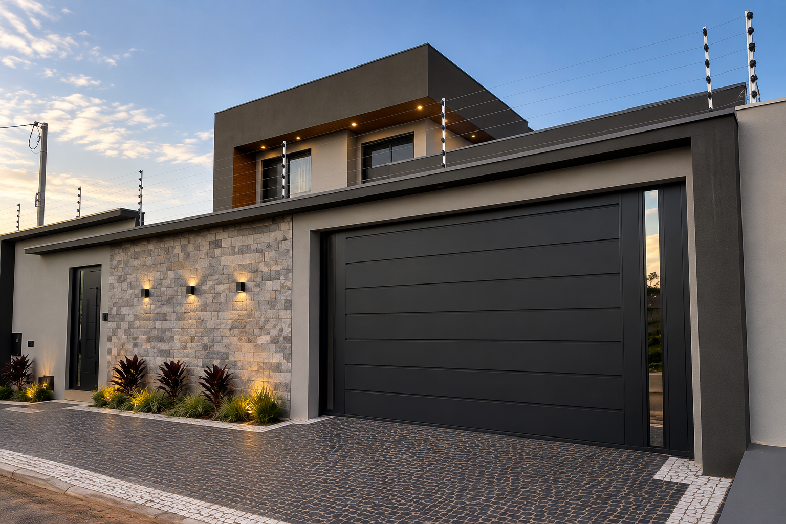 Fachada moderna com portão basculante preto instalado